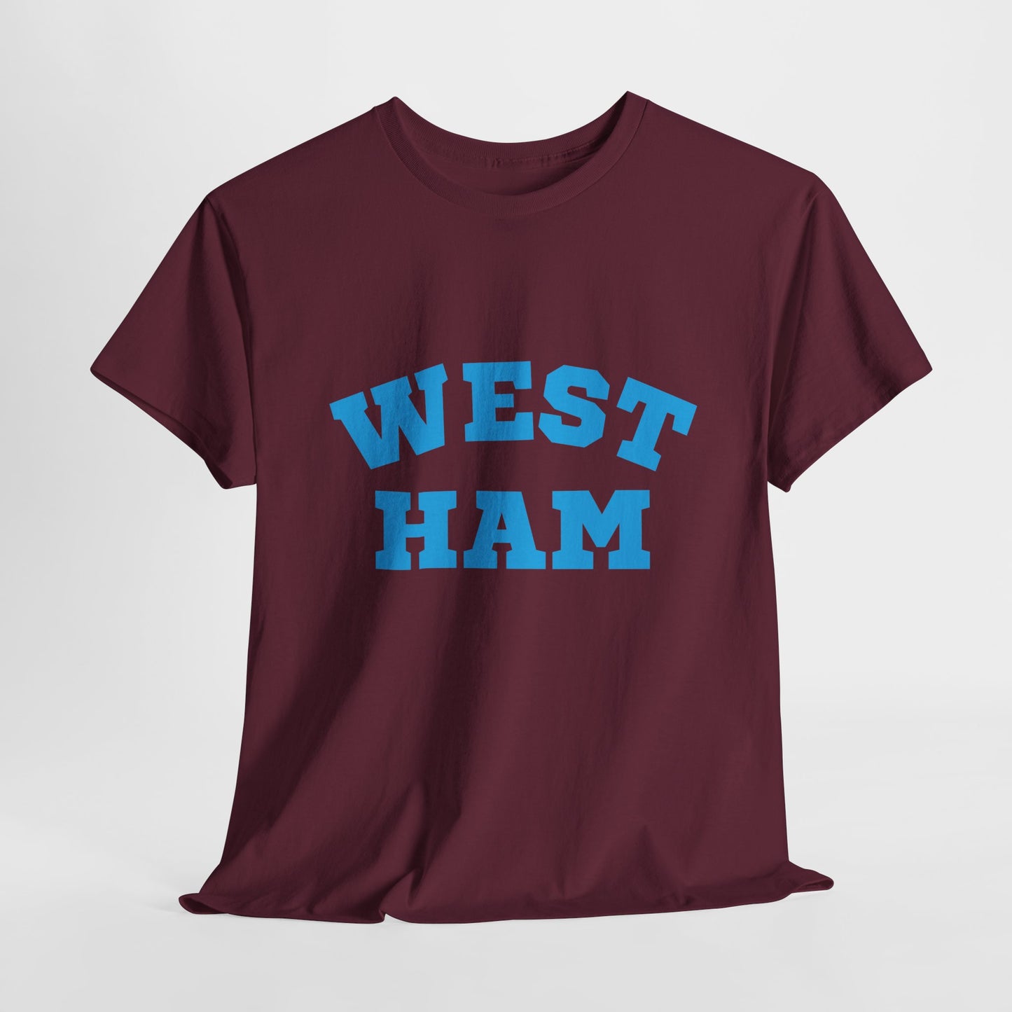 Maroon t-shirt with 'WEST HAM' printed in blue on a white background
