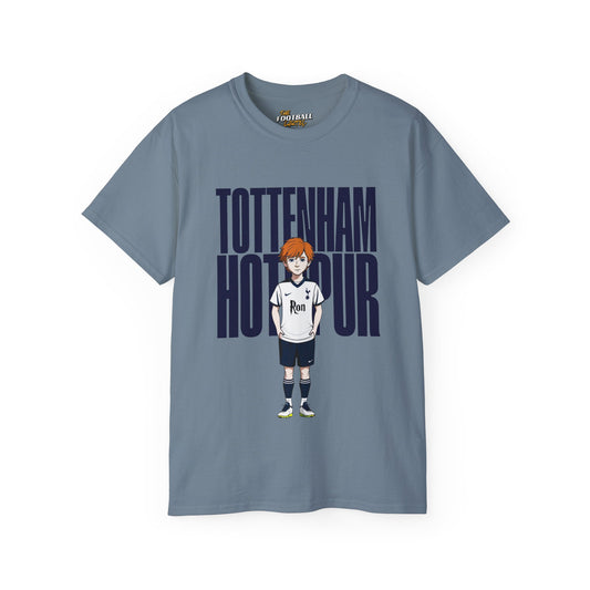Blue t-shirt with 'Tottenham Hotspur' text and cartoon character on a white background