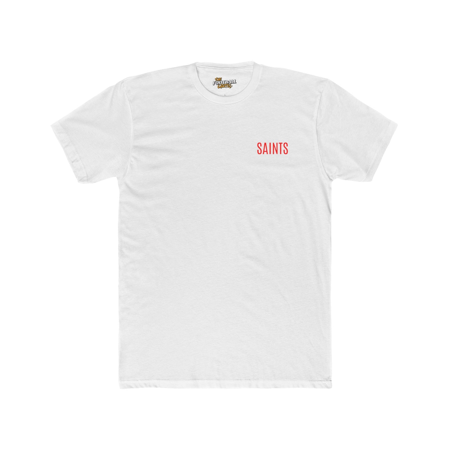 White t-shirt with 'SAINTS' text on a white background