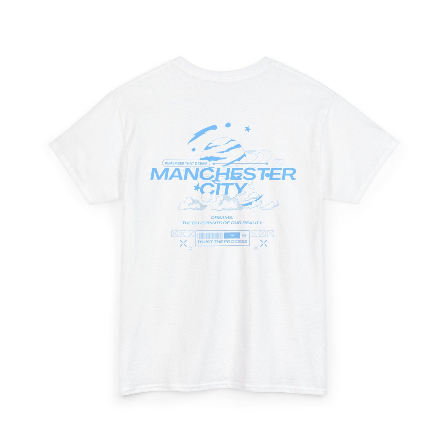 White t-shirt with Manchester City logo and text on a white background
