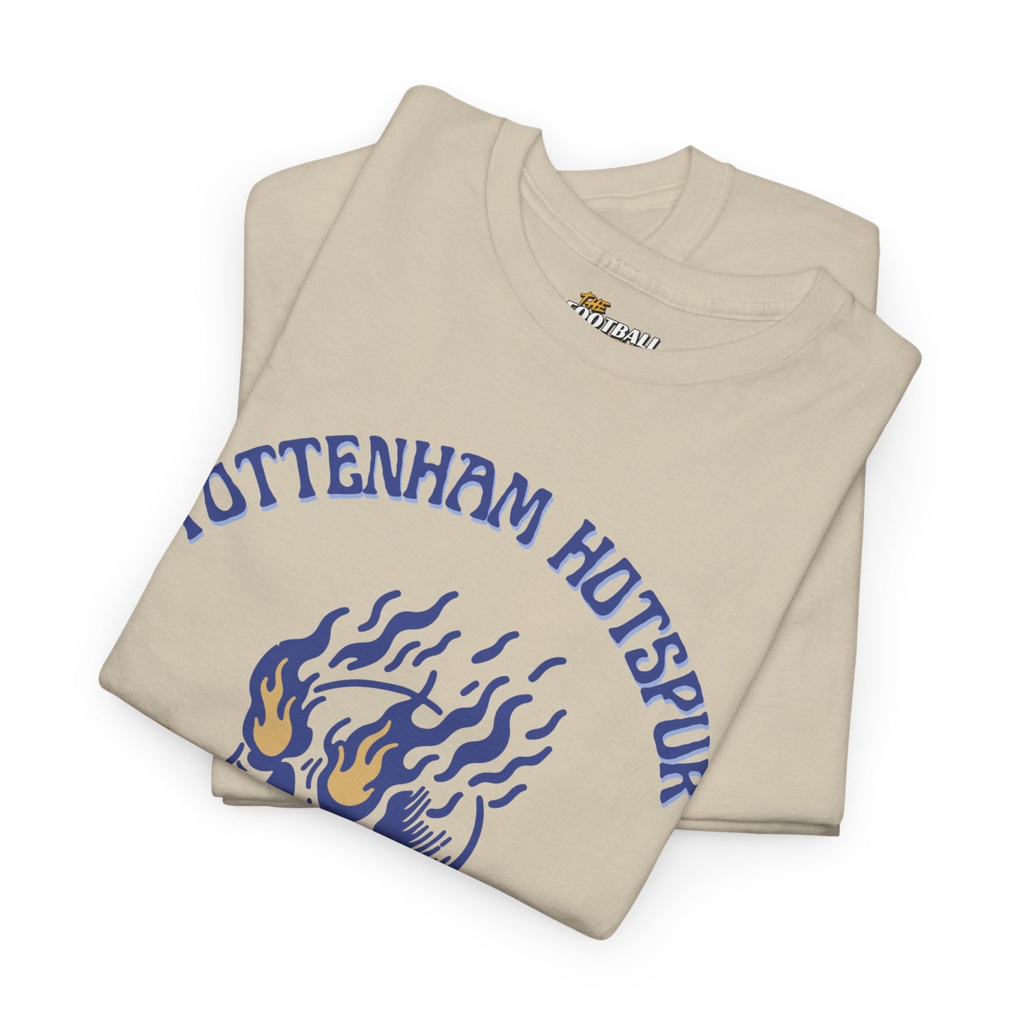 Folded beige t-shirt with 'tottenham hotspur' text and logo on a white background
