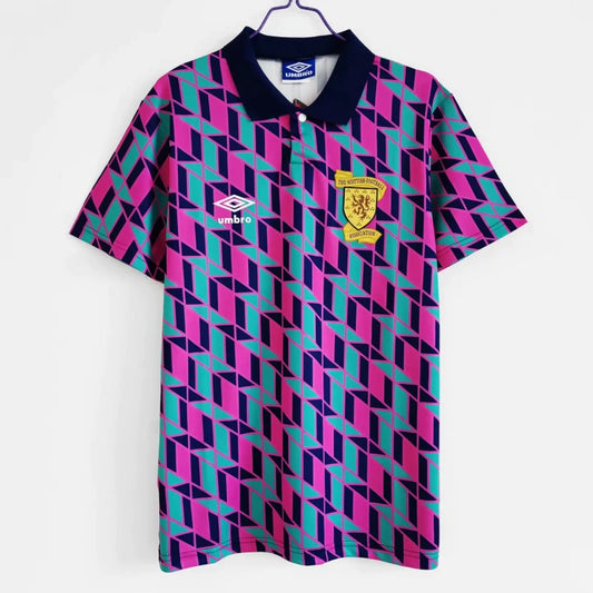 Geometric patterned scotland 88 fourth shirt with Umbro logo on a white background