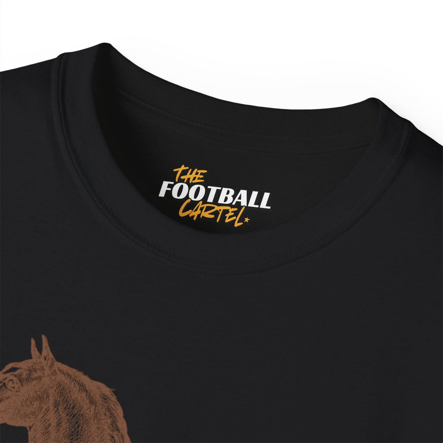 Black t-shirt with 'The Football Cartel' logo and horse graphic on a white background