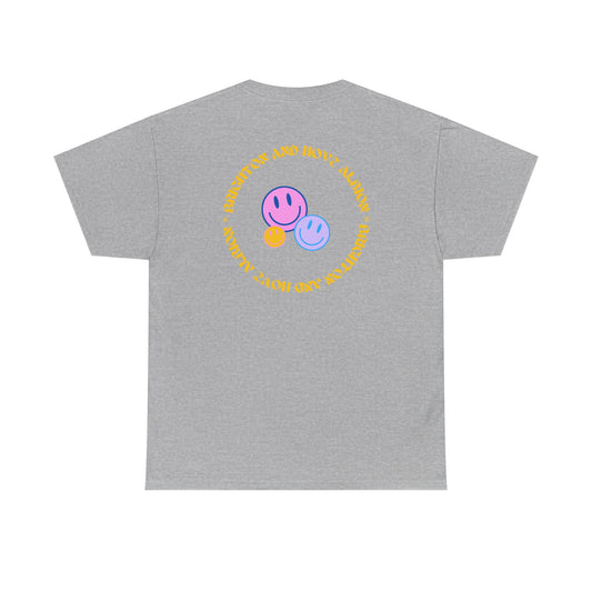 Gray t-shirt with colorful smiley face design on the back against a white background