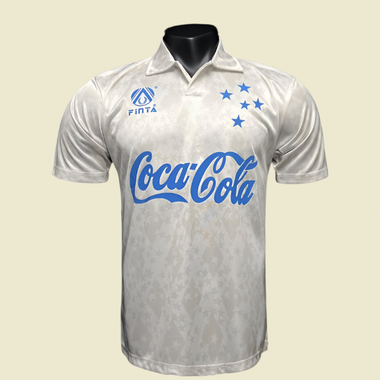 White cruzeiro 1993 away shirt with blue branding on a black background