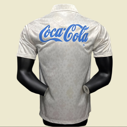 Mannequin wearing a light-colored cruzeiro 1993 away shirt with 'Coca-Cola' logo on the back against a black background