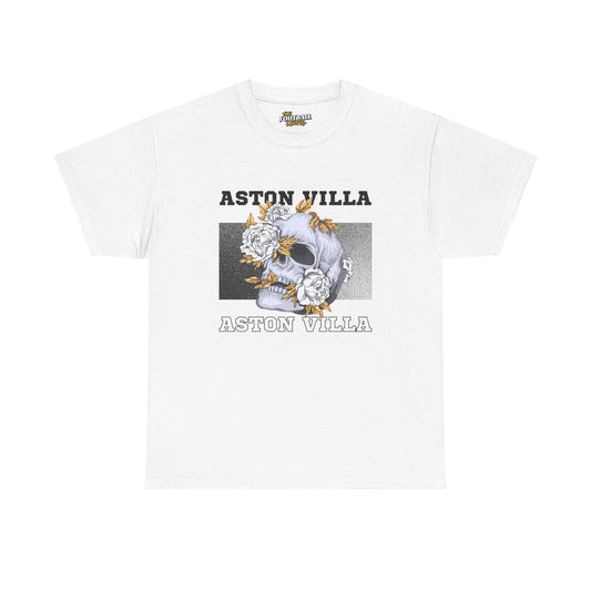 White t-shirt with Aston Villa logo and skull design on a white background