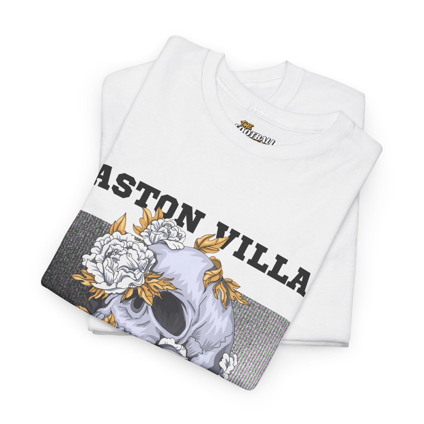 Folded white t-shirt with 'Aston Villa' design on a white background