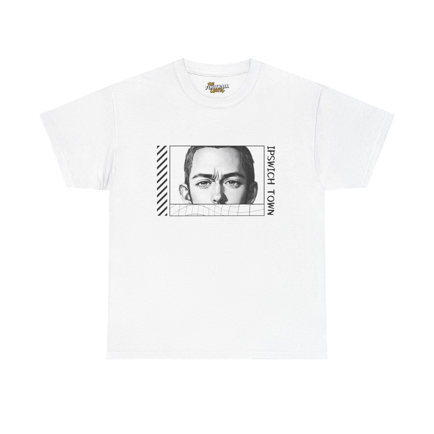 White Ipswich town t-shirt with a graphic of a face and text on a white background