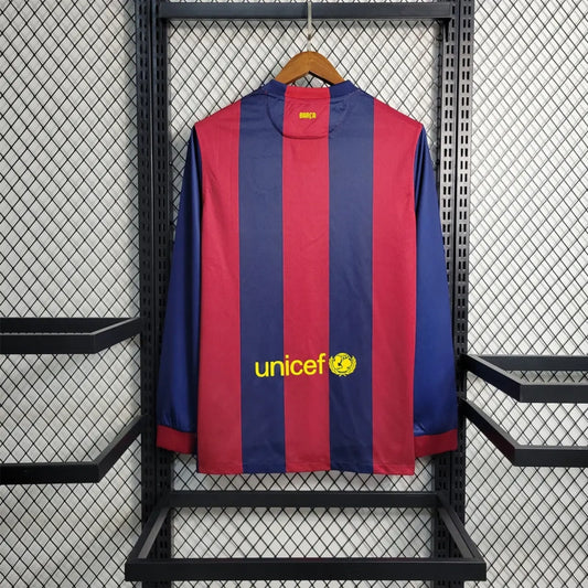 Blue and red Barcelona 14/15 long sleeve home shirt with Unicef logo on a black metal rack.
