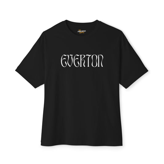 Black t-shirt with 'Everton' text on a white background