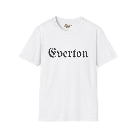 White t-shirt with 'Everton' printed on it against a white background
