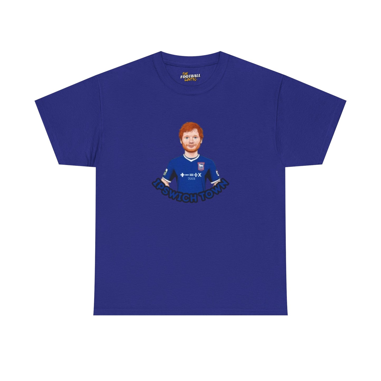 Blue Ipswich town t-shirt with a graphic of a person and text on a white background