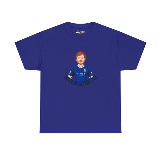 Blue Ipswich town t-shirt with a graphic of a person and text on a white background