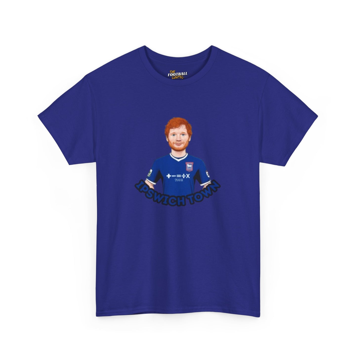 Blue Ipswich town t-shirt with a graphic of a person wearing a sports jersey on a white background