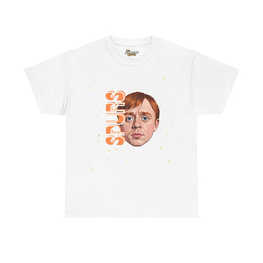 White spurs t-shirt with a graphic of a person's face and text on a white background