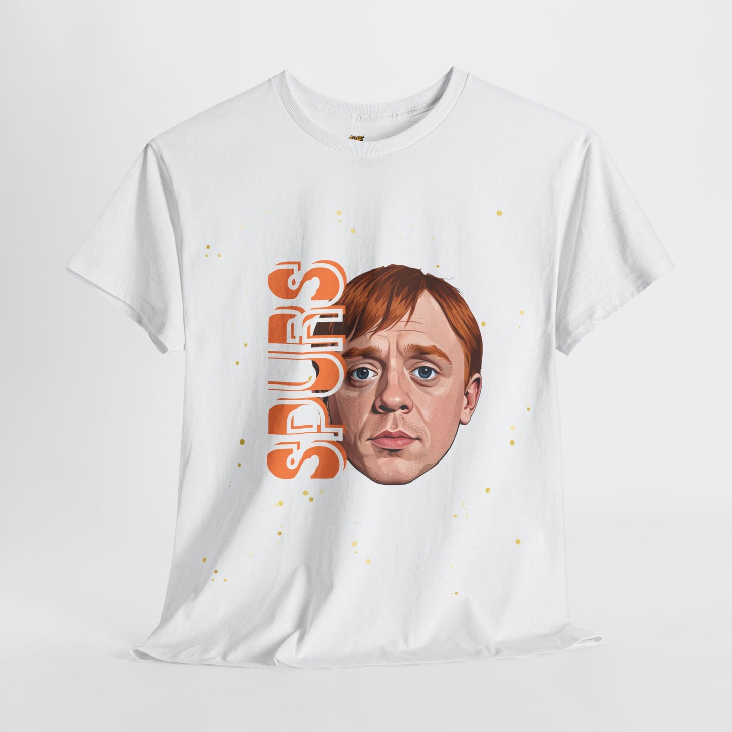 White t-shirt with a graphic of a person's face and 'SPURS' text on a white background