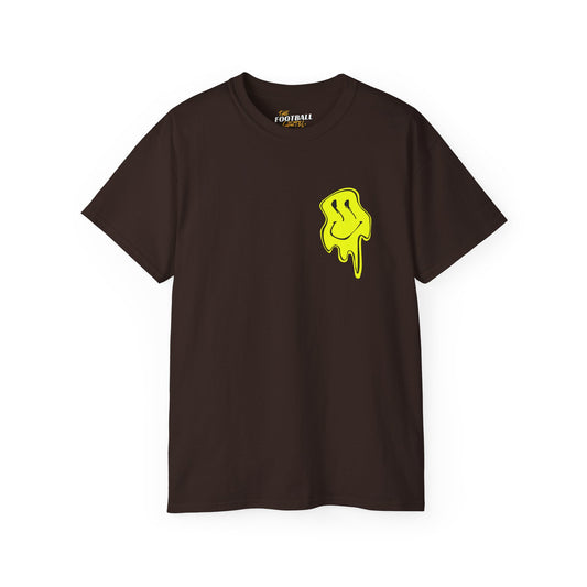 Brown t-shirt with a yellow graphic on a white background