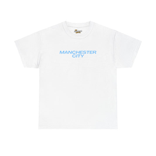 White t-shirt with 'Manchester City' text on a white background