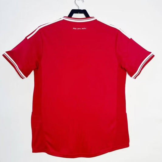 Red Bayern Munich 13 champions league final shirt with white trim on a hanger against a white background