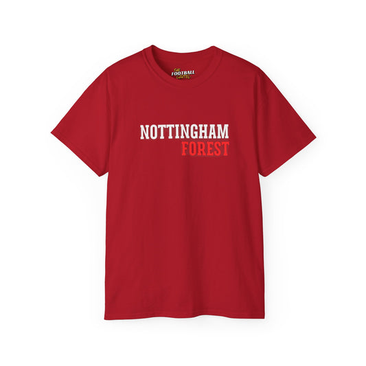 Red t-shirt with 'Nottingham Forest' text on a white background