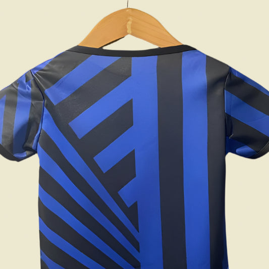 Blue and black striped Inter Milan 24/25 home baby onesie  on a hanger against a black background