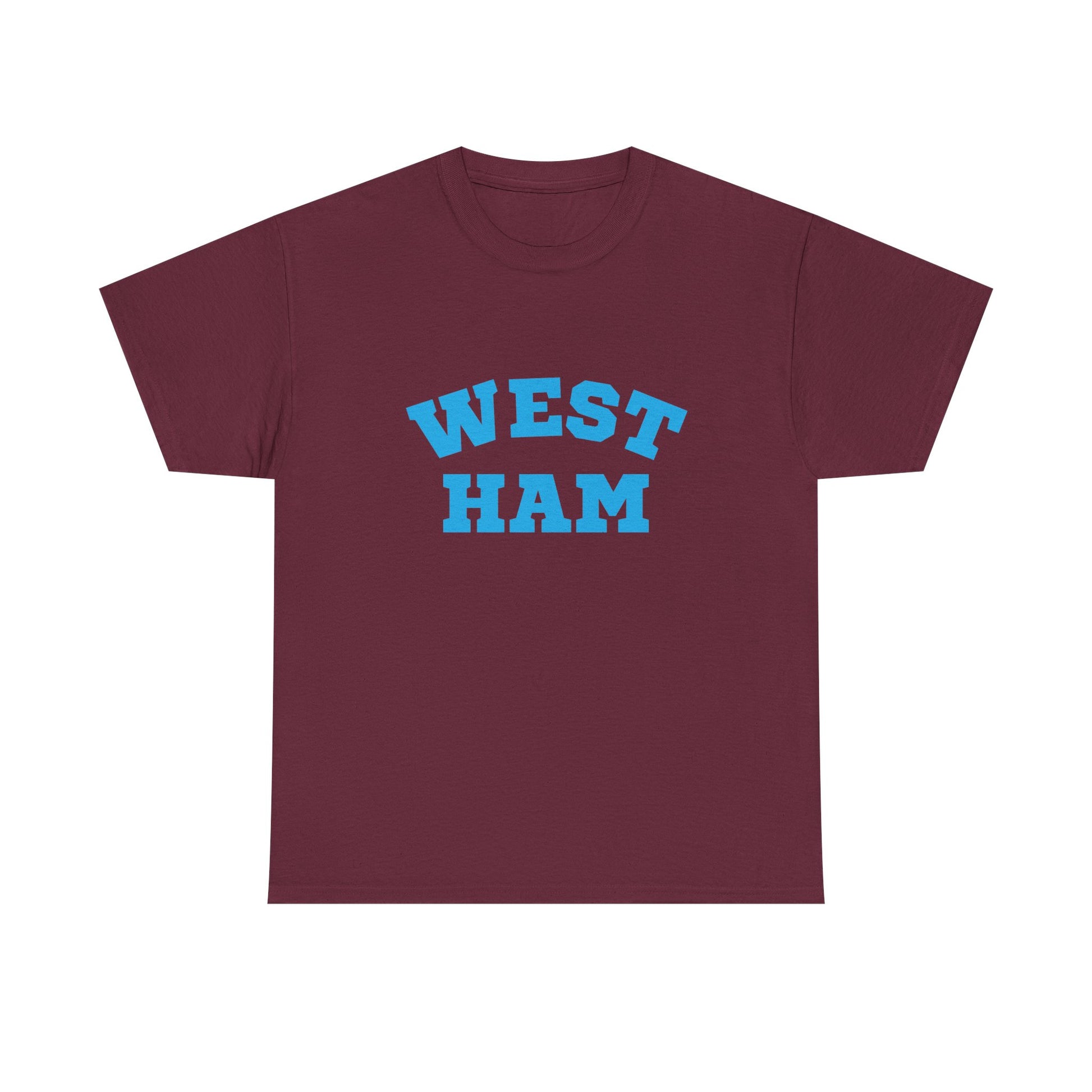Maroon t-shirt with 'WEST HAM' text in blue on a white background