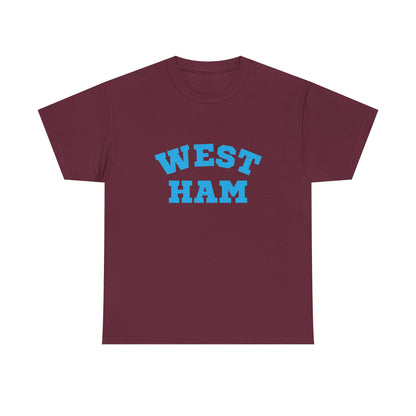 Maroon t-shirt with 'WEST HAM' text in blue on a white background