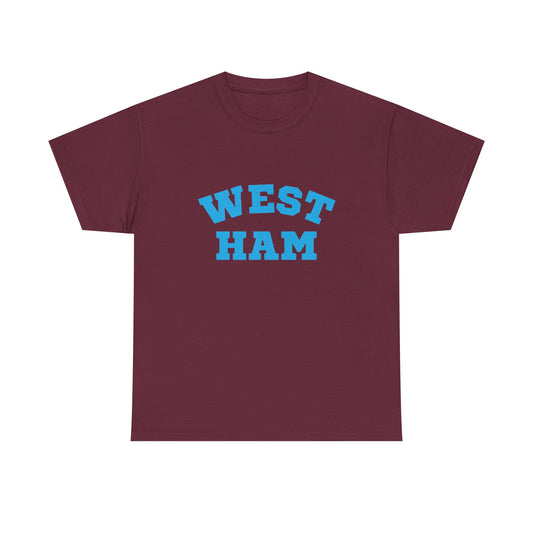 Maroon t-shirt with 'WEST HAM' text in blue on a white background