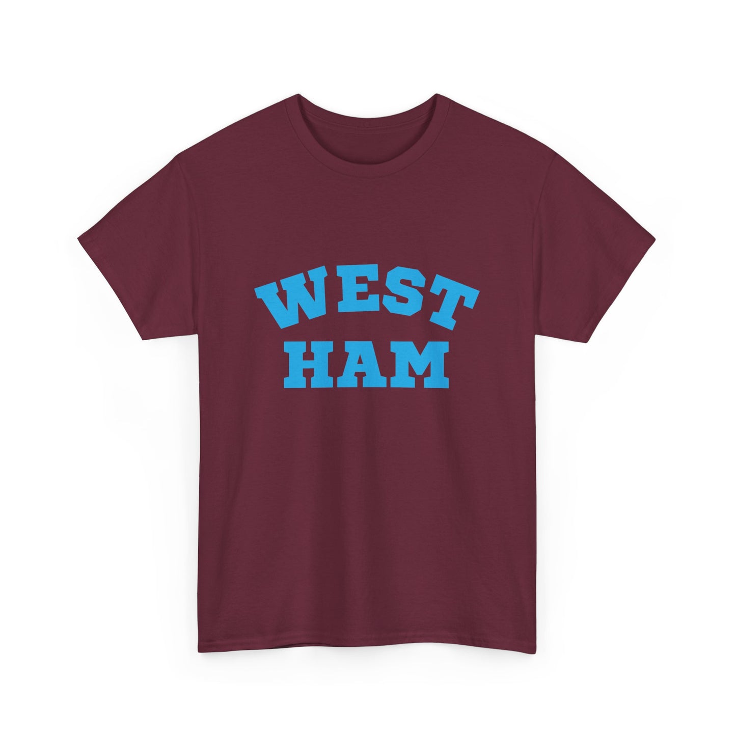 Maroon t-shirt with 'WEST HAM' printed in blue on a white background