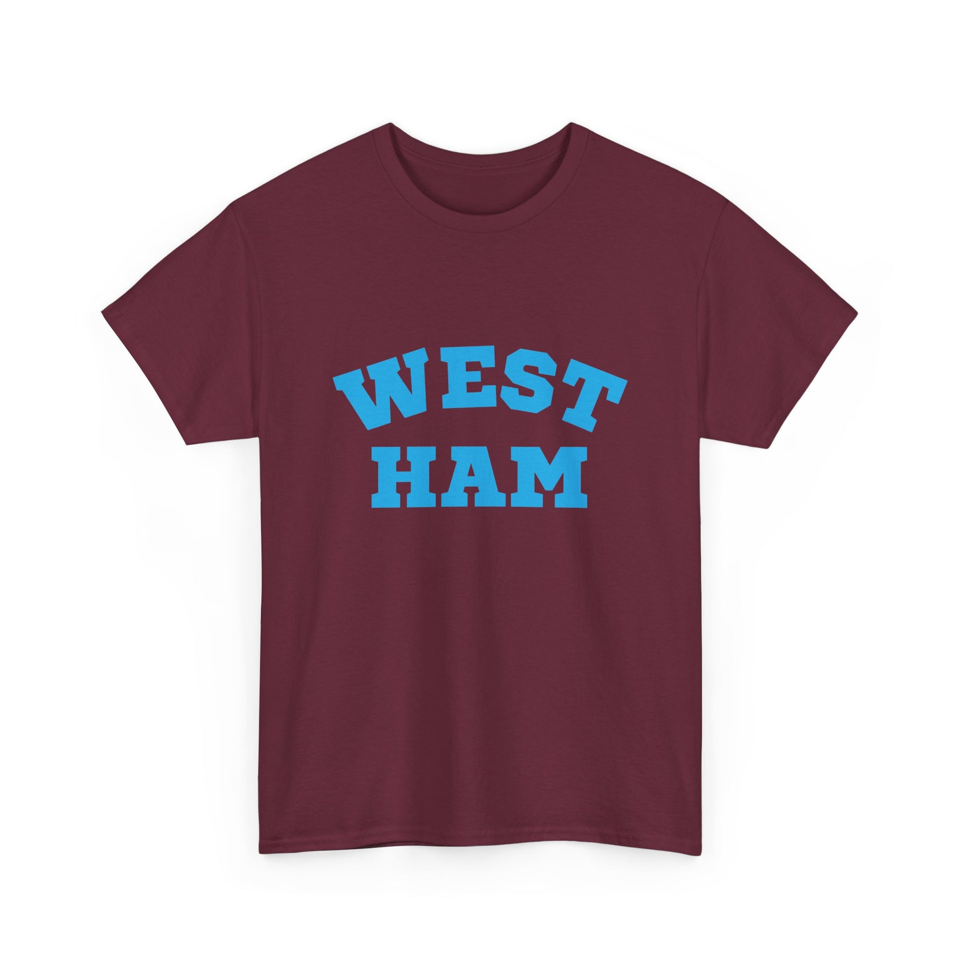 Maroon t-shirt with 'WEST HAM' printed in blue on a white background