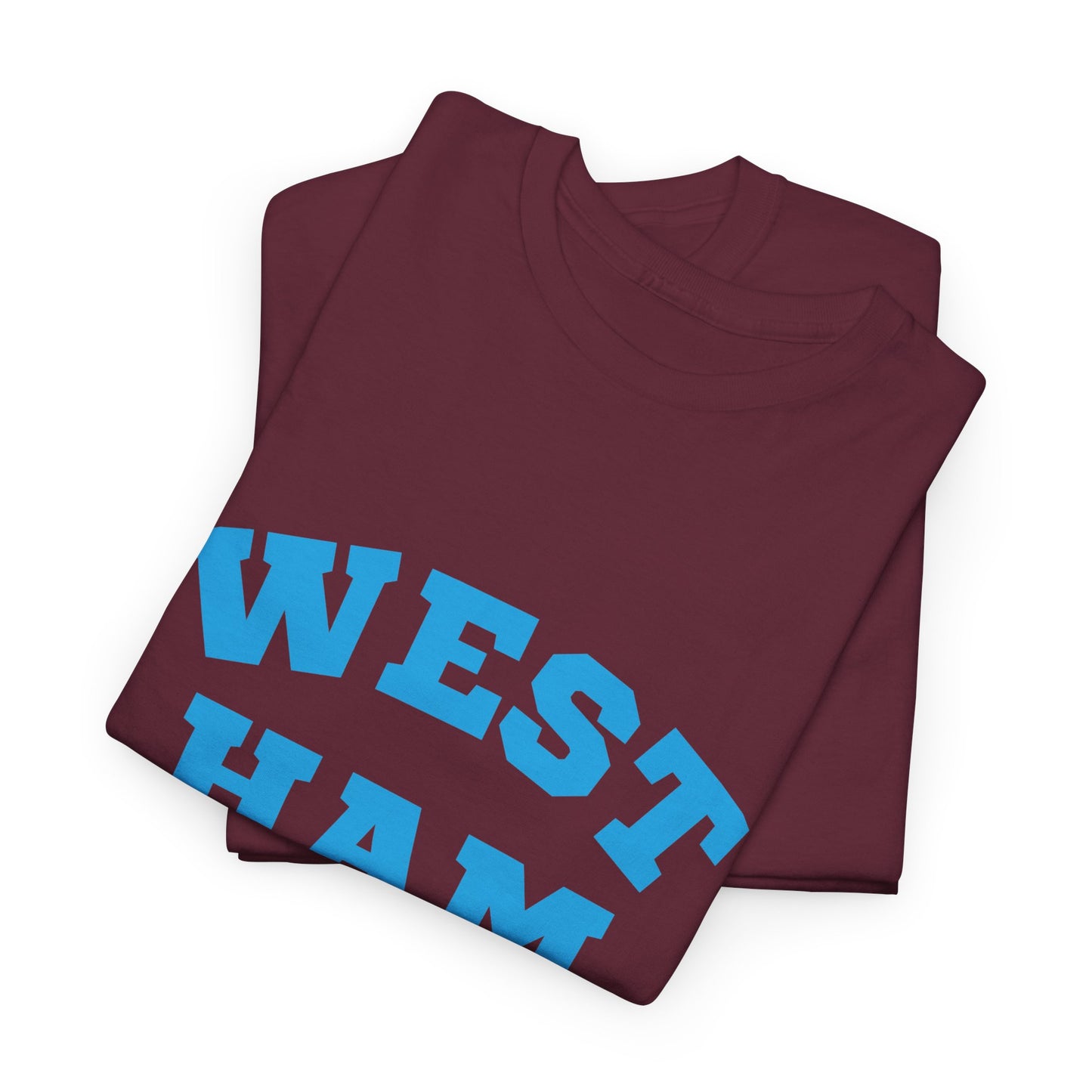 Folded maroon t-shirt with 'WEST HAM' printed in blue on a white background