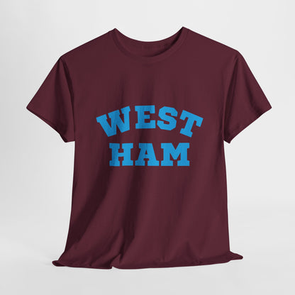 Maroon t-shirt with 'WEST HAM' printed in blue on a white background