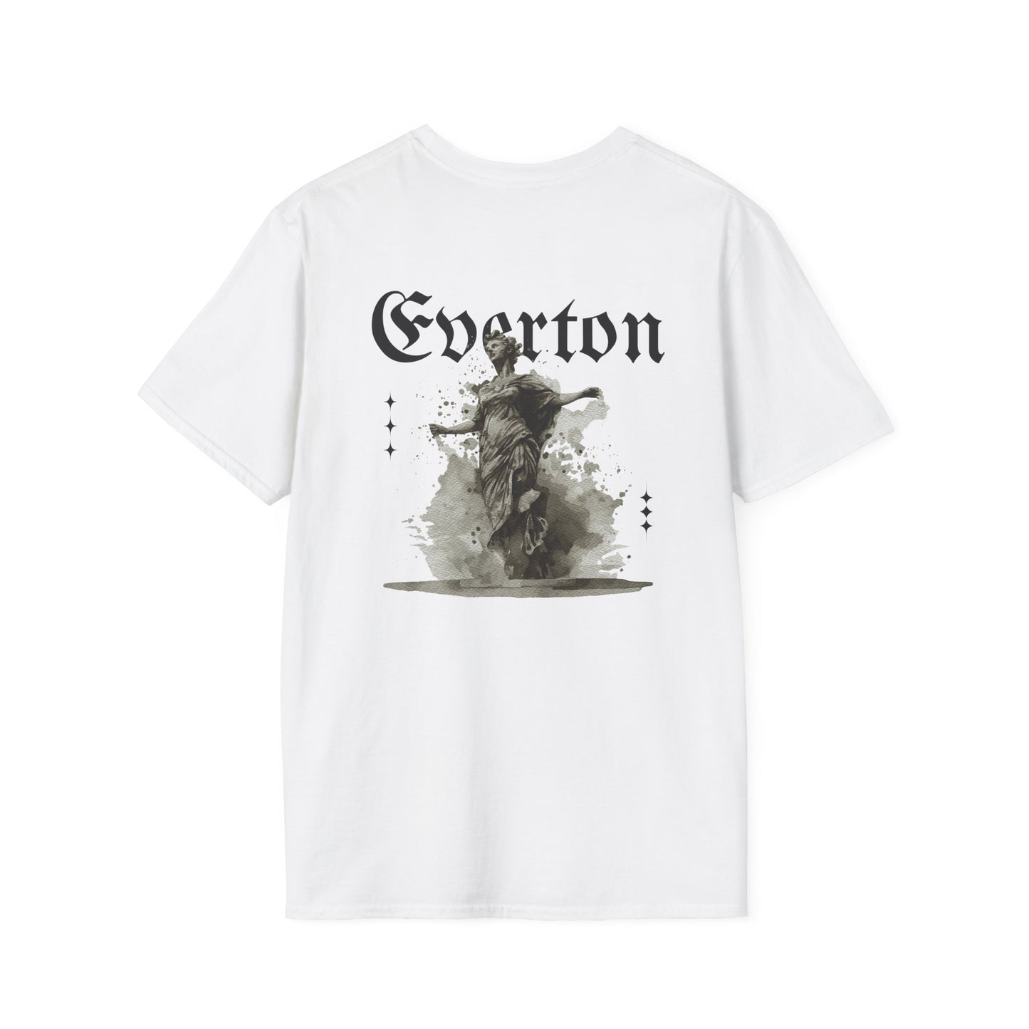 White t-shirt with black graphic design and 'Everton' text on a white background