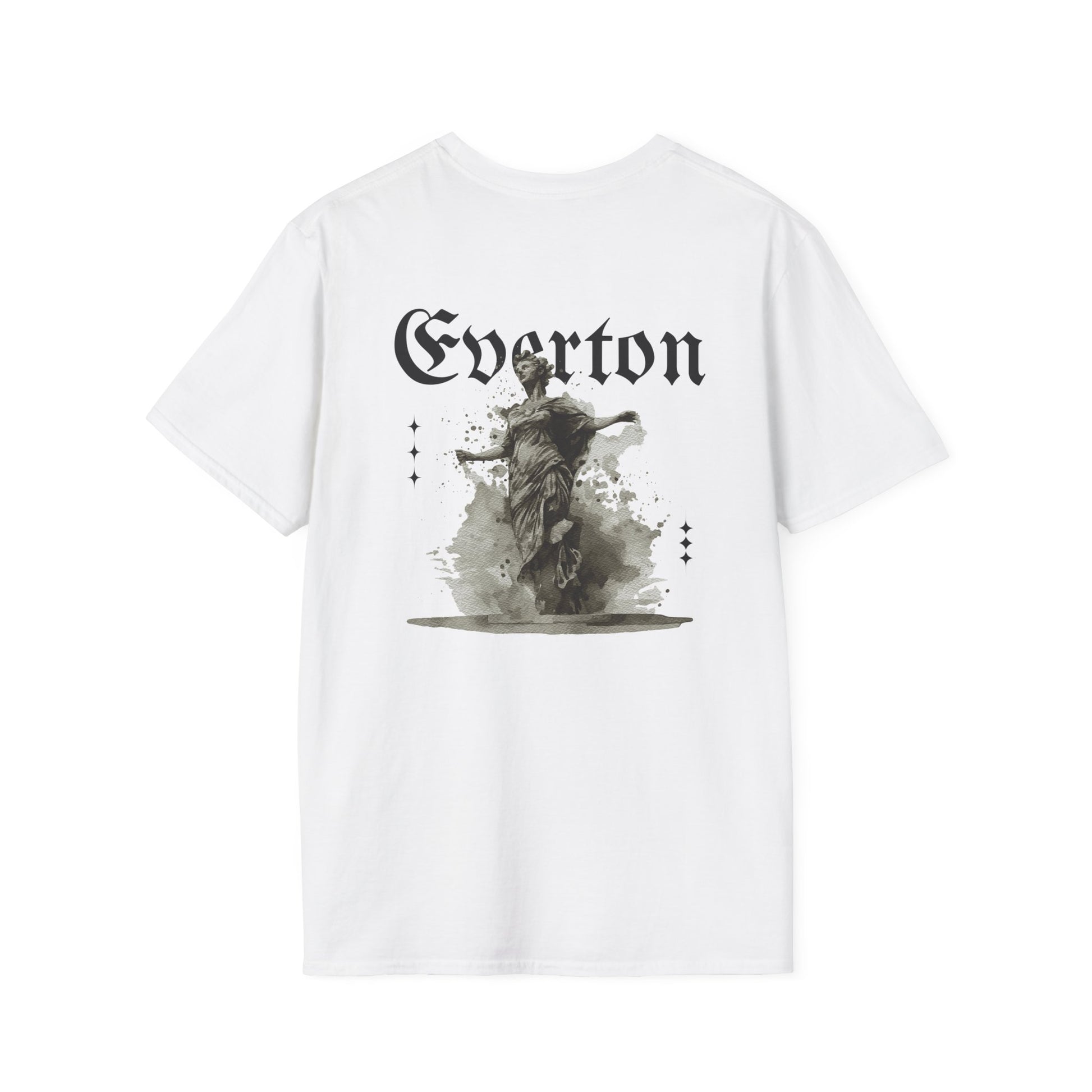 White t-shirt with black graphic design and 'Everton' text on a white background