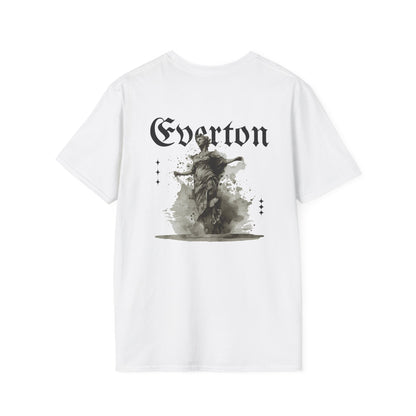 White t-shirt with black graphic design and 'Everton' text on a white background