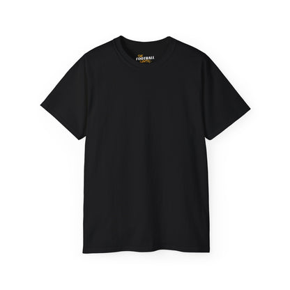 Black t-shirt with a logo on the chest against a white background