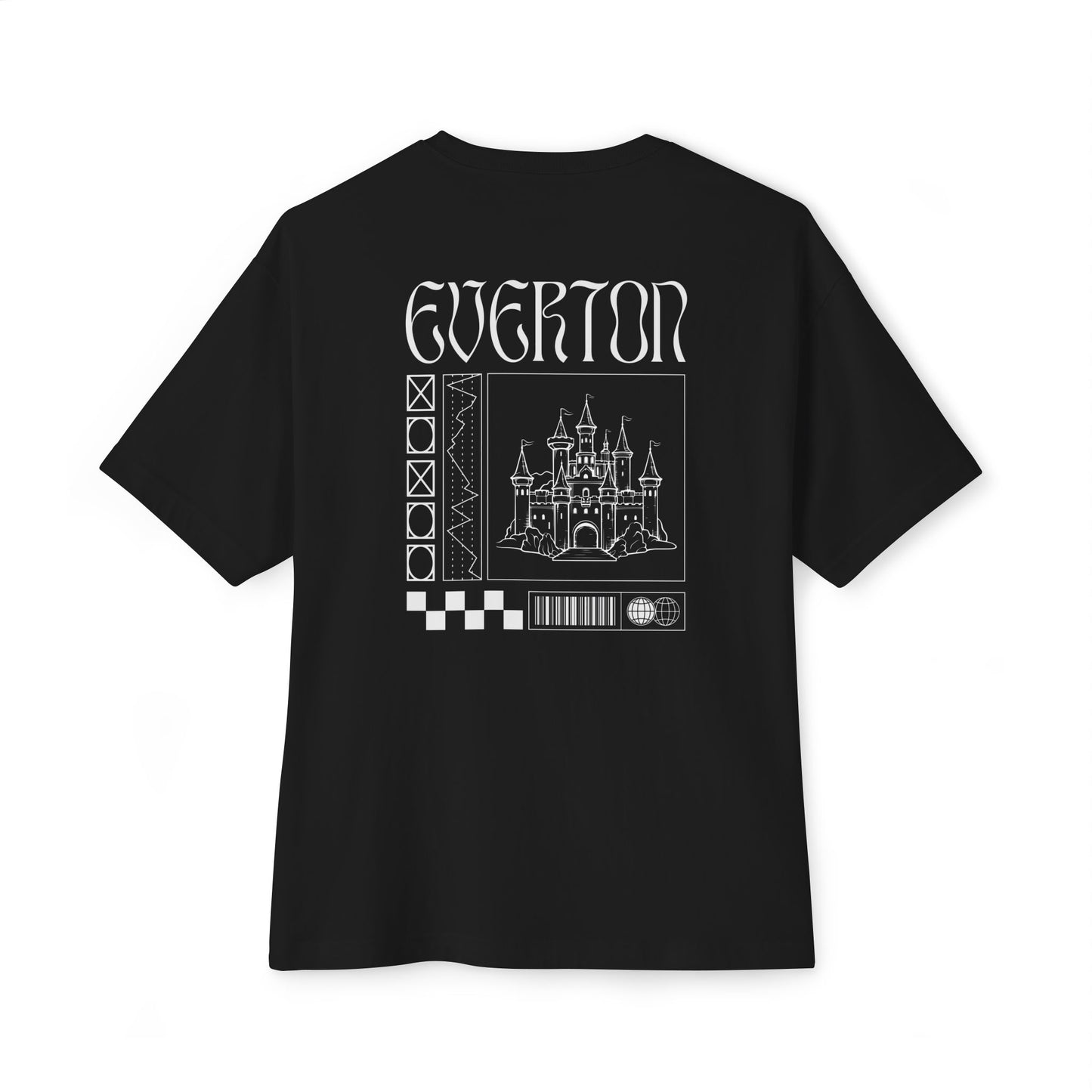 Black t-shirt with white graphics and 'Everton' text on a white background