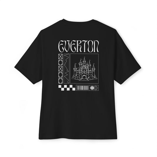 Black t-shirt with white graphics and 'Everton' text on a white background