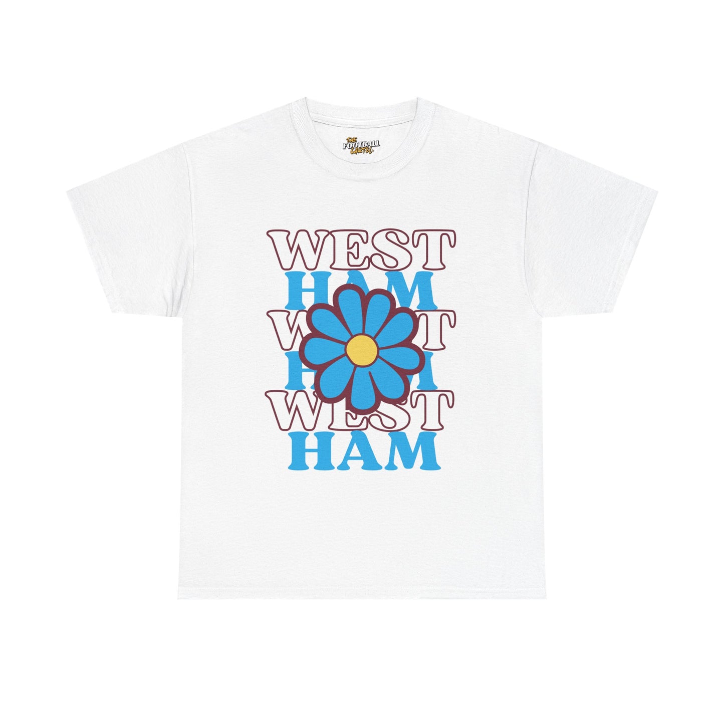 White t-shirt with blue flower and text design on a white background