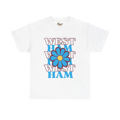 White t-shirt with blue flower and text design on a white background
