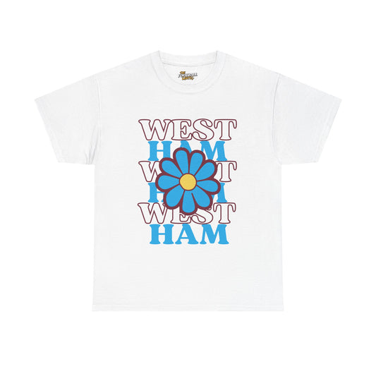 White t-shirt with blue flower and text design on a white background