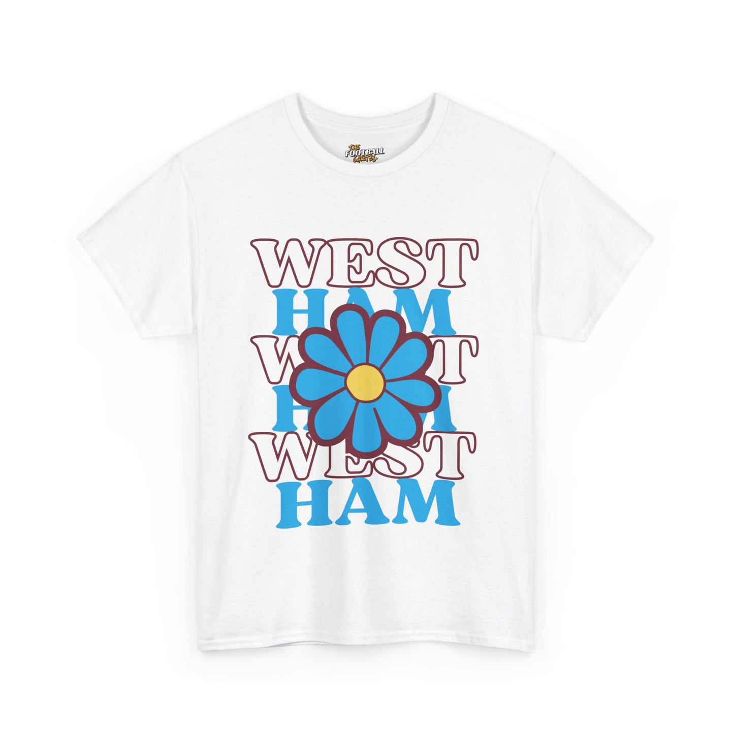 White t-shirt with 'West Ham' text and a blue flower graphic on a white background