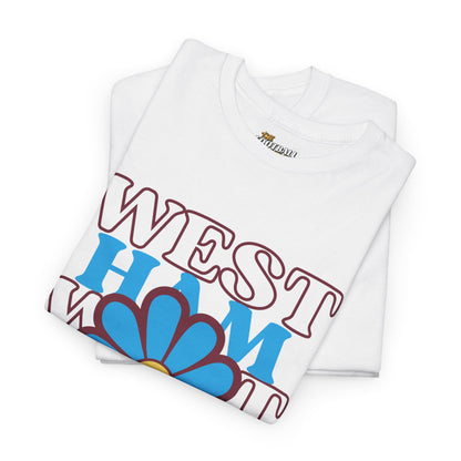 White t-shirt with colorful text and flower design on a white background