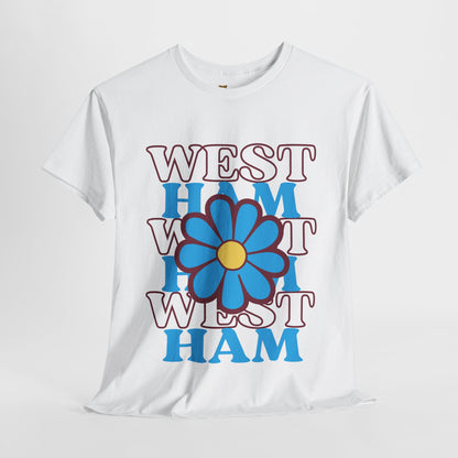 White t-shirt with 'West Ham' text and a blue flower graphic on a white background