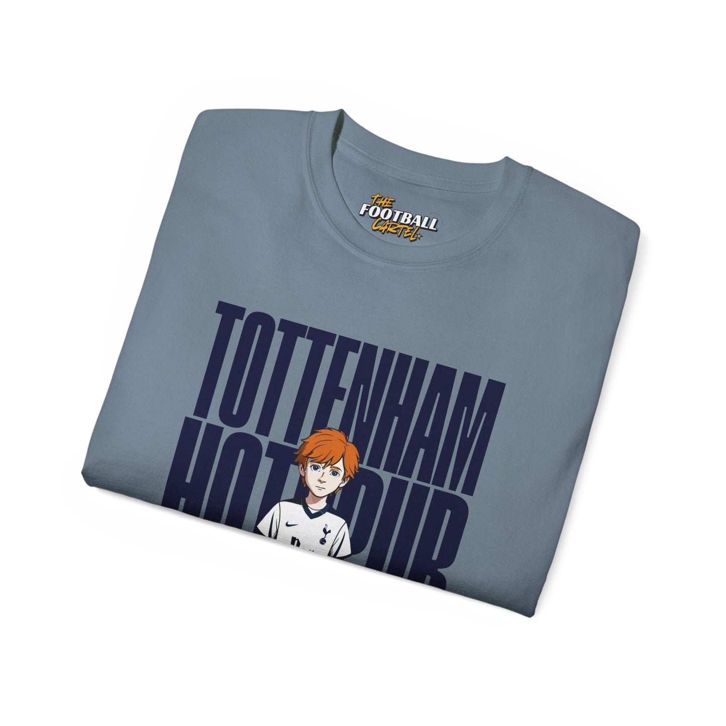 Folded blue t-shirt with 'Tottenham Hotspur' text and cartoon character on a white background