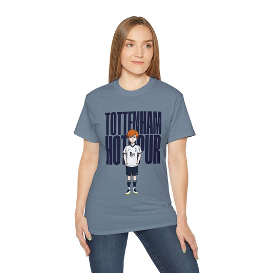Person wearing a blue t-shirt with 'Tottenham Hotspur' text and graphic