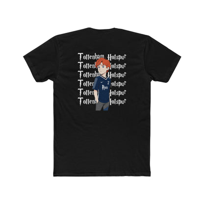 Black t-shirt with a graphic of a person wearing a blue shirt and 'Tottenham Hotspur' text on a white background