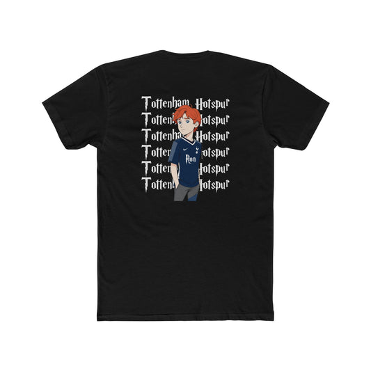 Black t-shirt with a graphic of a person wearing a blue shirt and 'Tottenham Hotspur' text on a white background