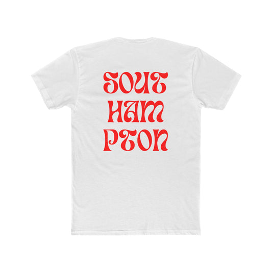 White t-shirt with red text 'SOUTHAMPTON' on a white background